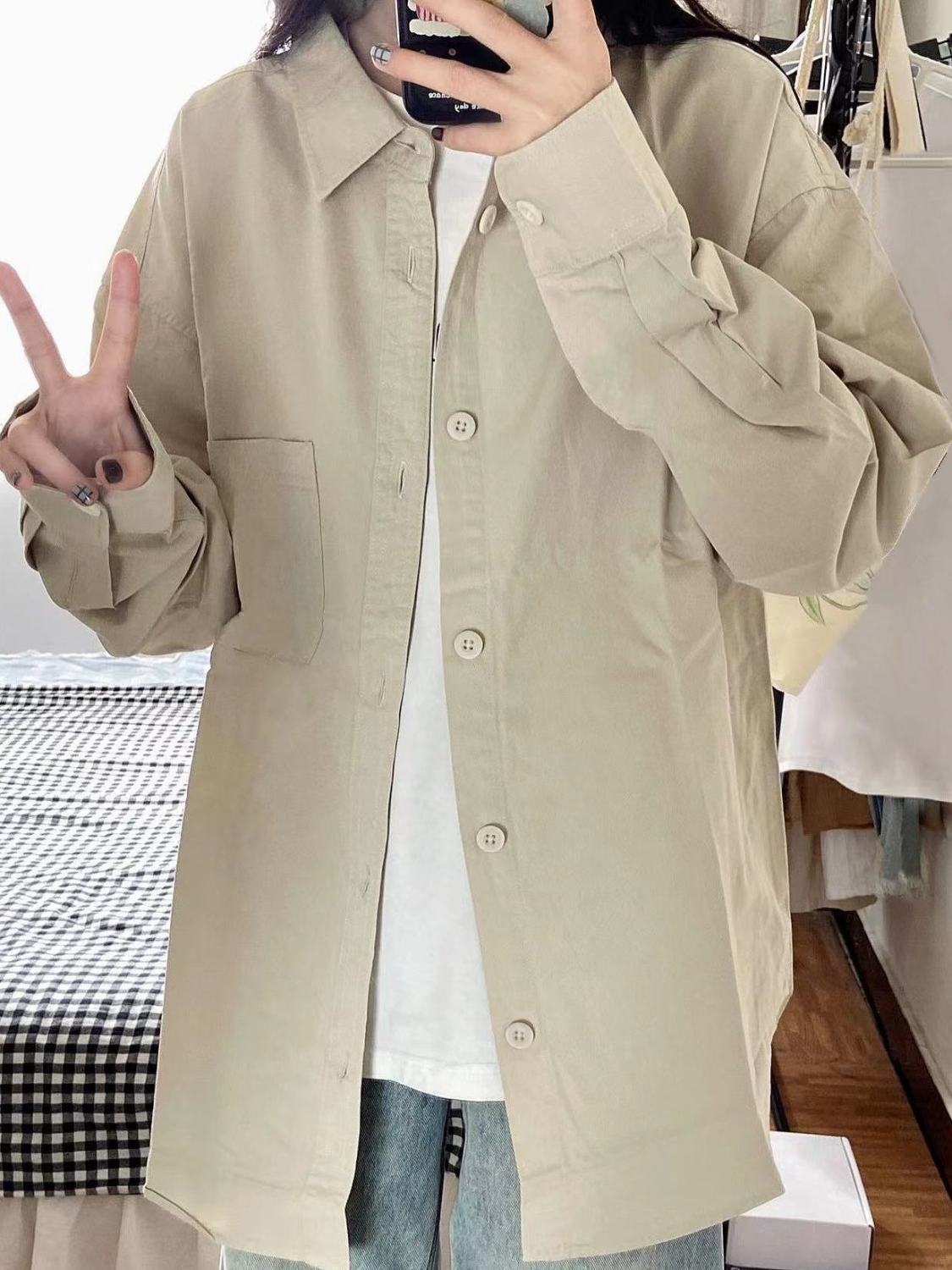 灰綠色純棉襯衫女秋冬輕奢高檔內搭疊穿長袖打底襯衣外搭遮肉開衫