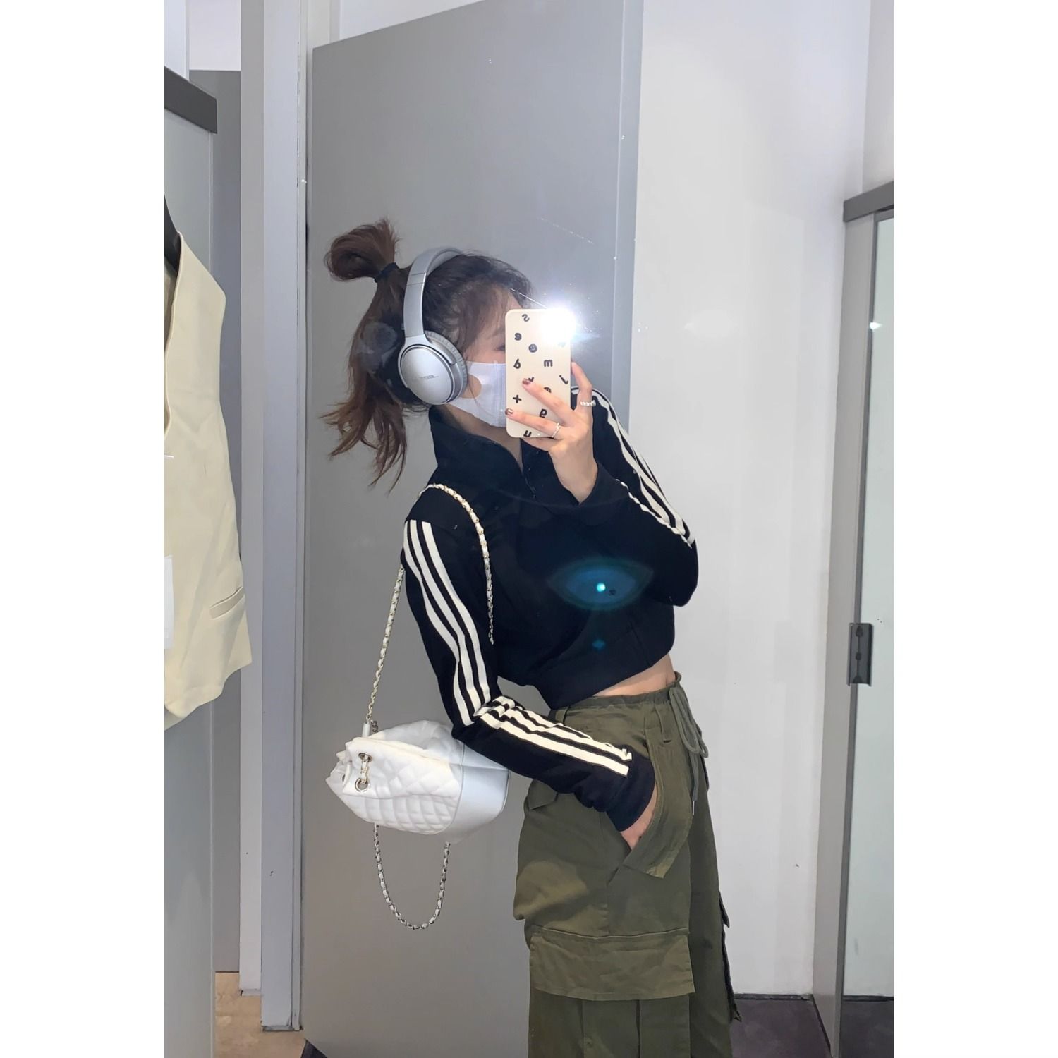 條紋三槓短款外套長袖女早秋休閒運動風oversize國潮立領開衫上衣