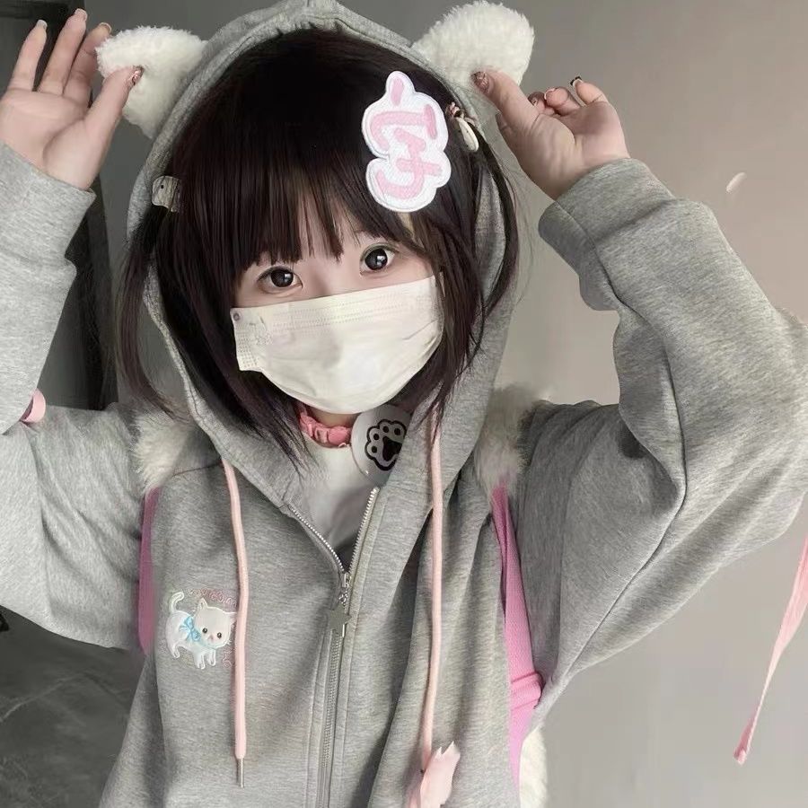 Two-dimensional kitten plush ears zipper long-sleeved hooded coat for girls  autumn and winter plus velvet Japanese casual