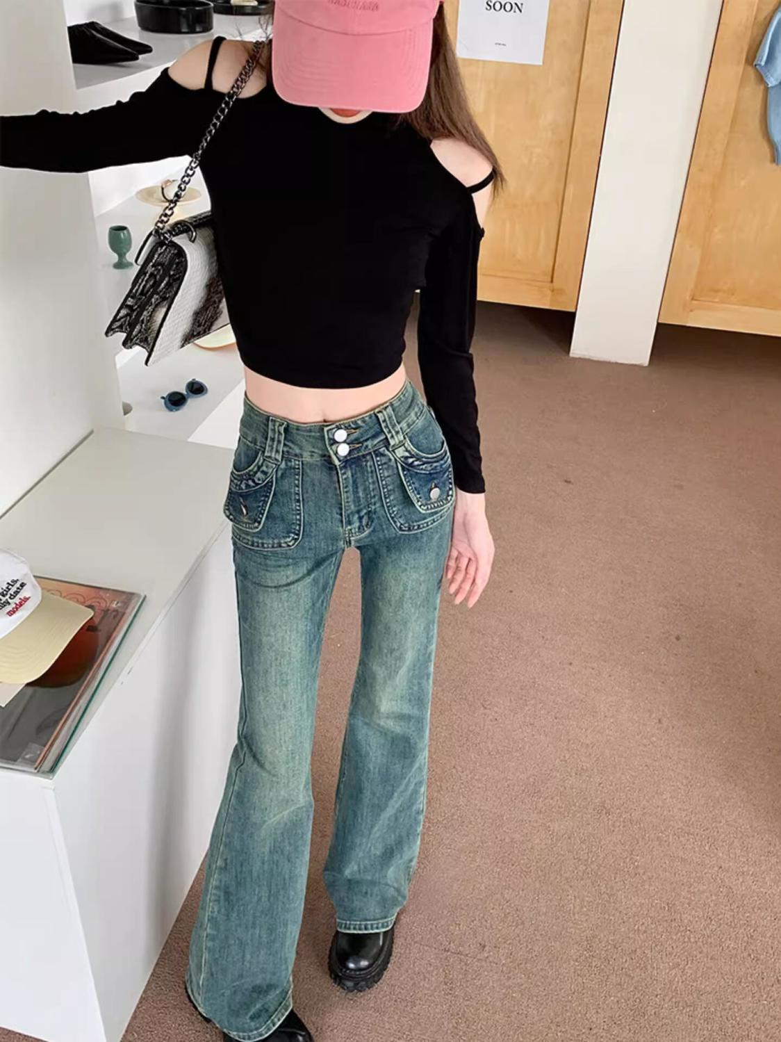 小個子復古彈力微喇叭牛仔褲女美拉德高腰修身顯瘦馬蹄拖地長褲子
