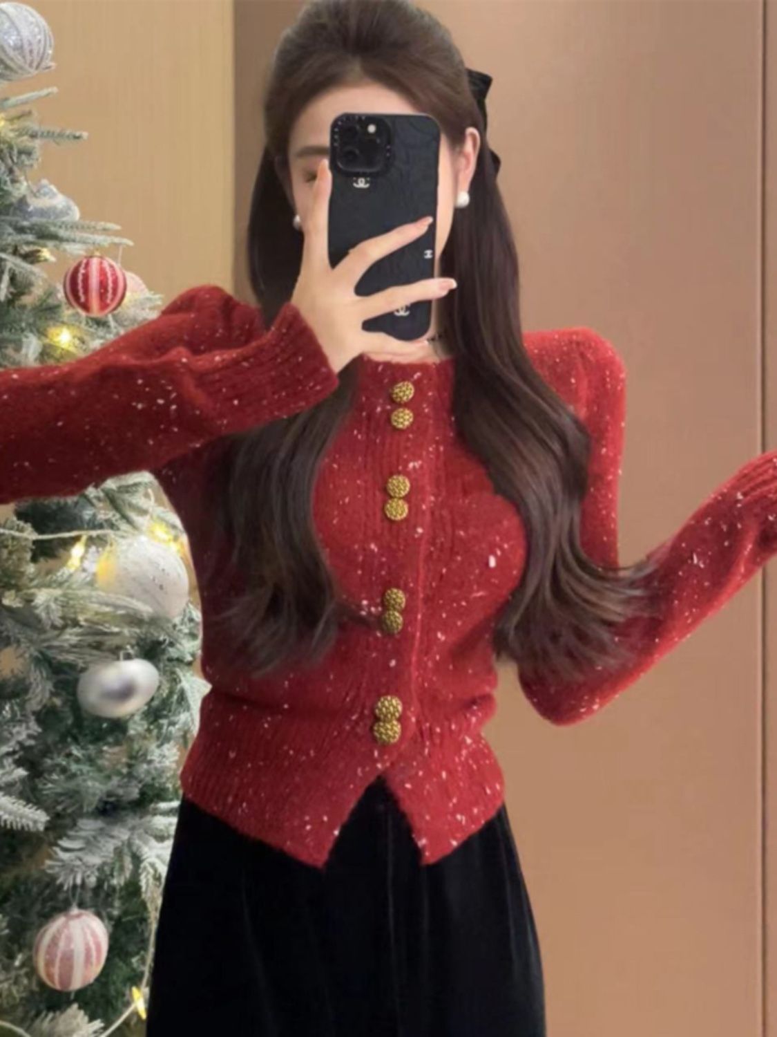 紅色針織開衫外套女冬季新款小香風圓領毛衣內搭短款上衣新年戰袍
