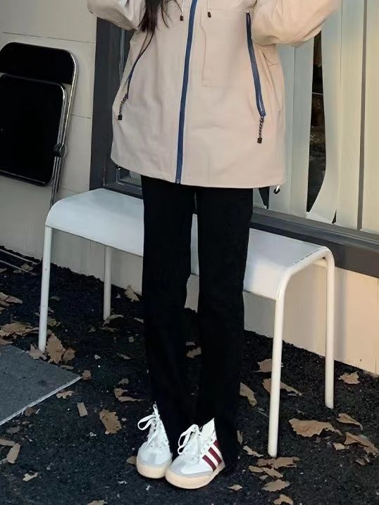 高街復古黑色小個子開叉直筒褲女秋冬設計感高腰修身顯瘦煙管褲潮