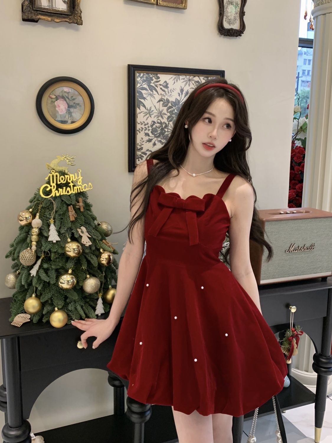 Bow red French velvet suspender dress winter high-end Christmas fluffy princess skirt New Year's shirt