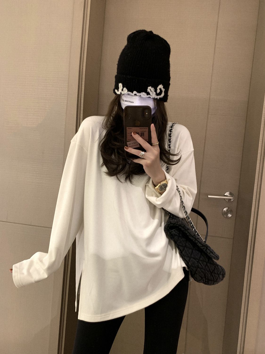 100%純棉開叉長袖t恤女ins潮2023新款寬鬆韓版學生bf風打底衫上衣