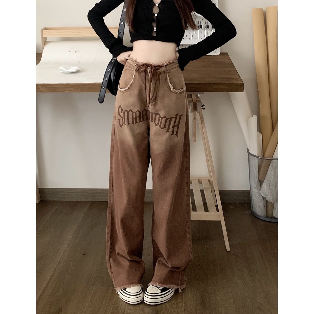 毛邊漸變色牛仔褲女秋季2023新款美式復古高腰直筒闊腿褲褲子