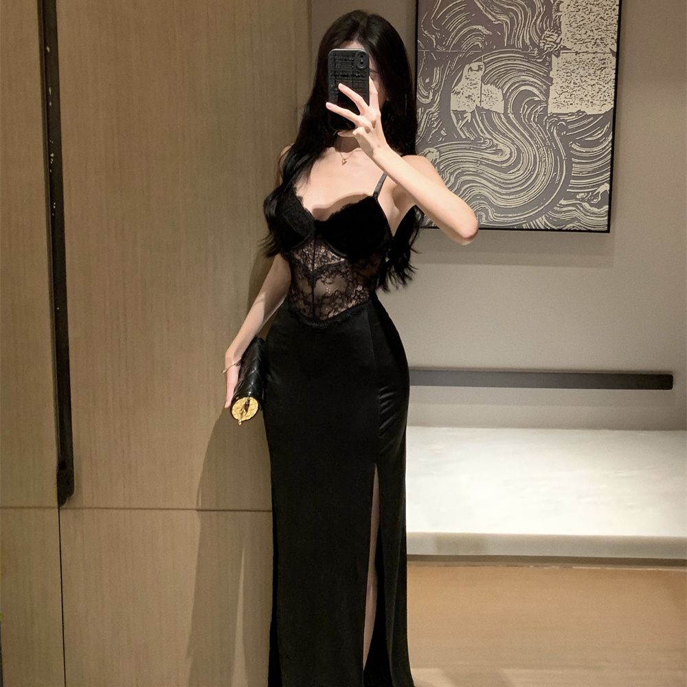 Light luxury retro black lace stitching high slit sexy hip-hugging waist-slimming suspender skirt evening dress