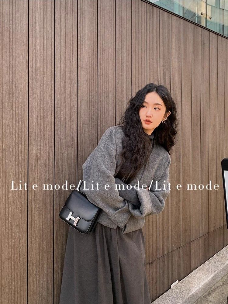 Double layer coat for women  autumn and winter new loose Korean style small fake two-piece suit wool double-sided nylon coat