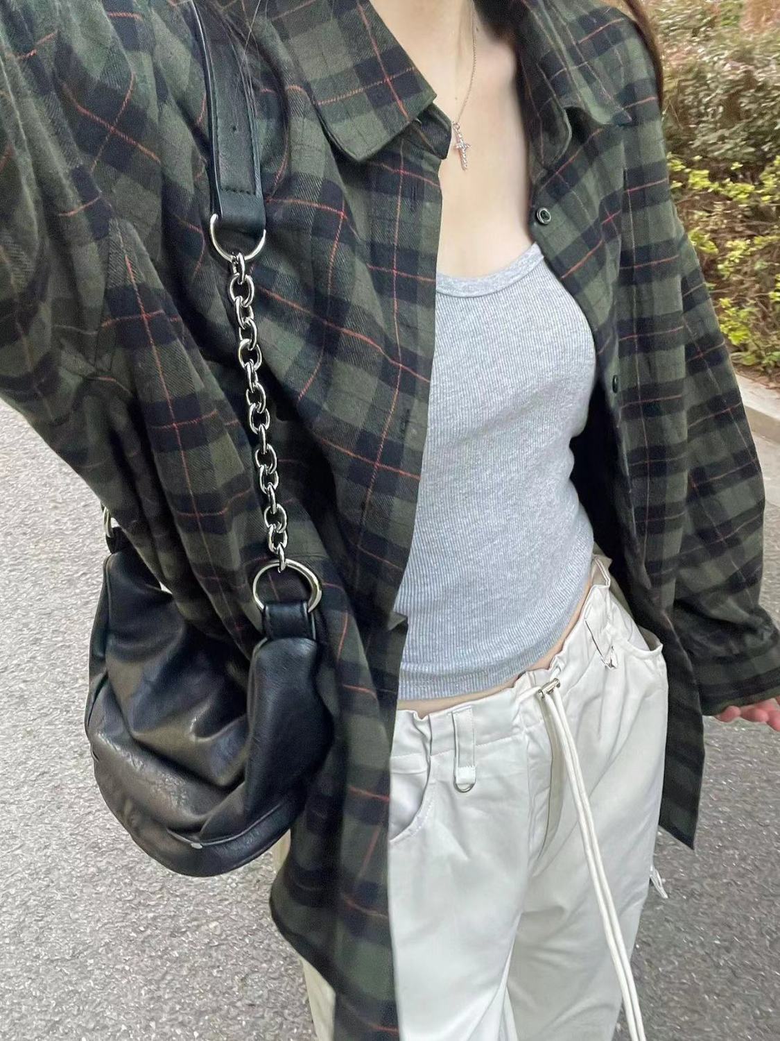 復古chic綠色格子襯衫女秋冬季寬鬆慵懶風中長款襯衣外套開衫外搭