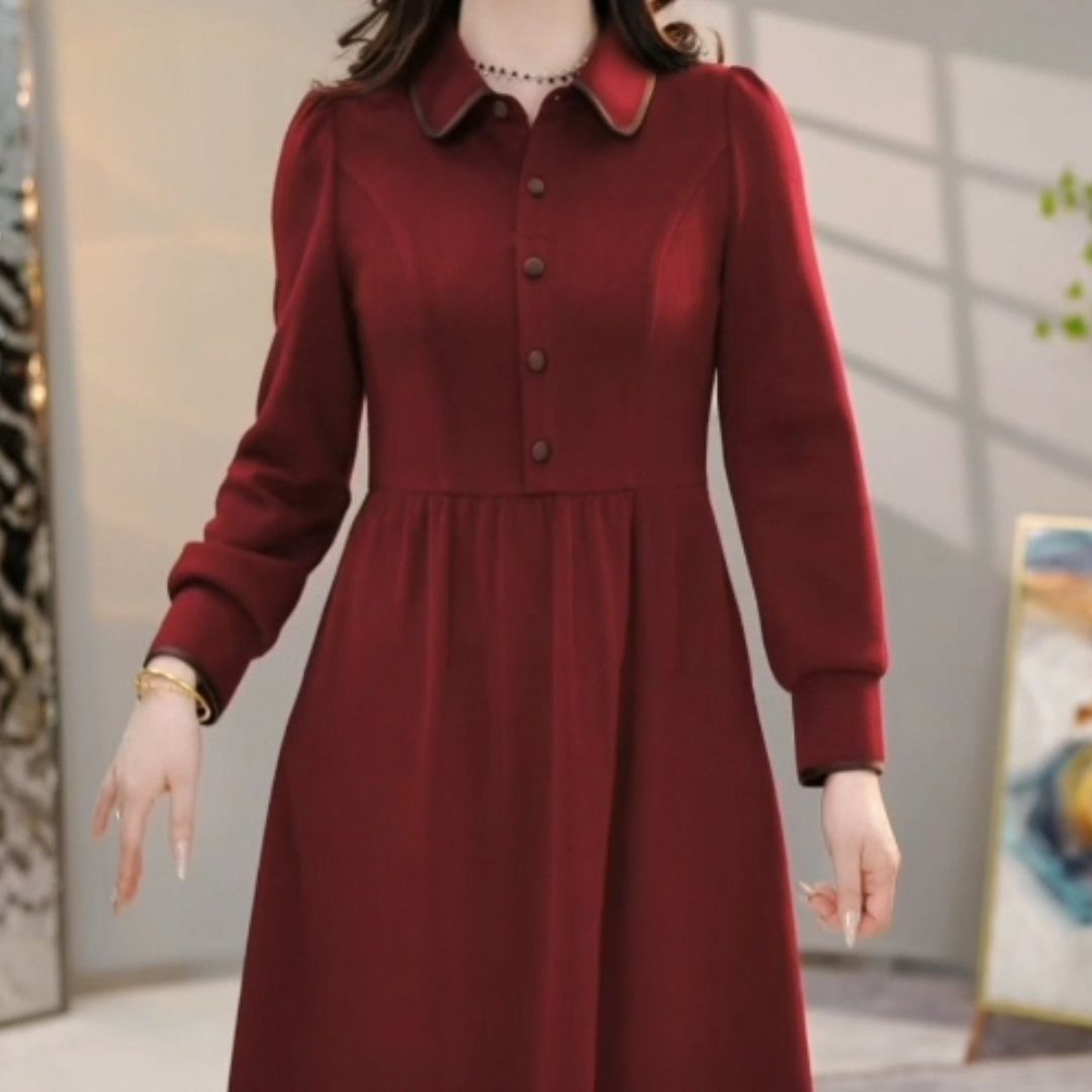 高檔雪尼爾絨連衣裙簡約洋氣2023春秋款高腰遮肚婚宴禮服打底裙子