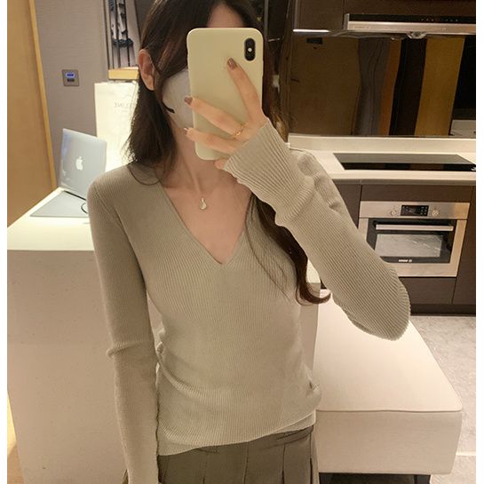 紙片人v領長袖針織衫女秋新款小眾氣質修身百搭顯瘦內搭打底上衣
