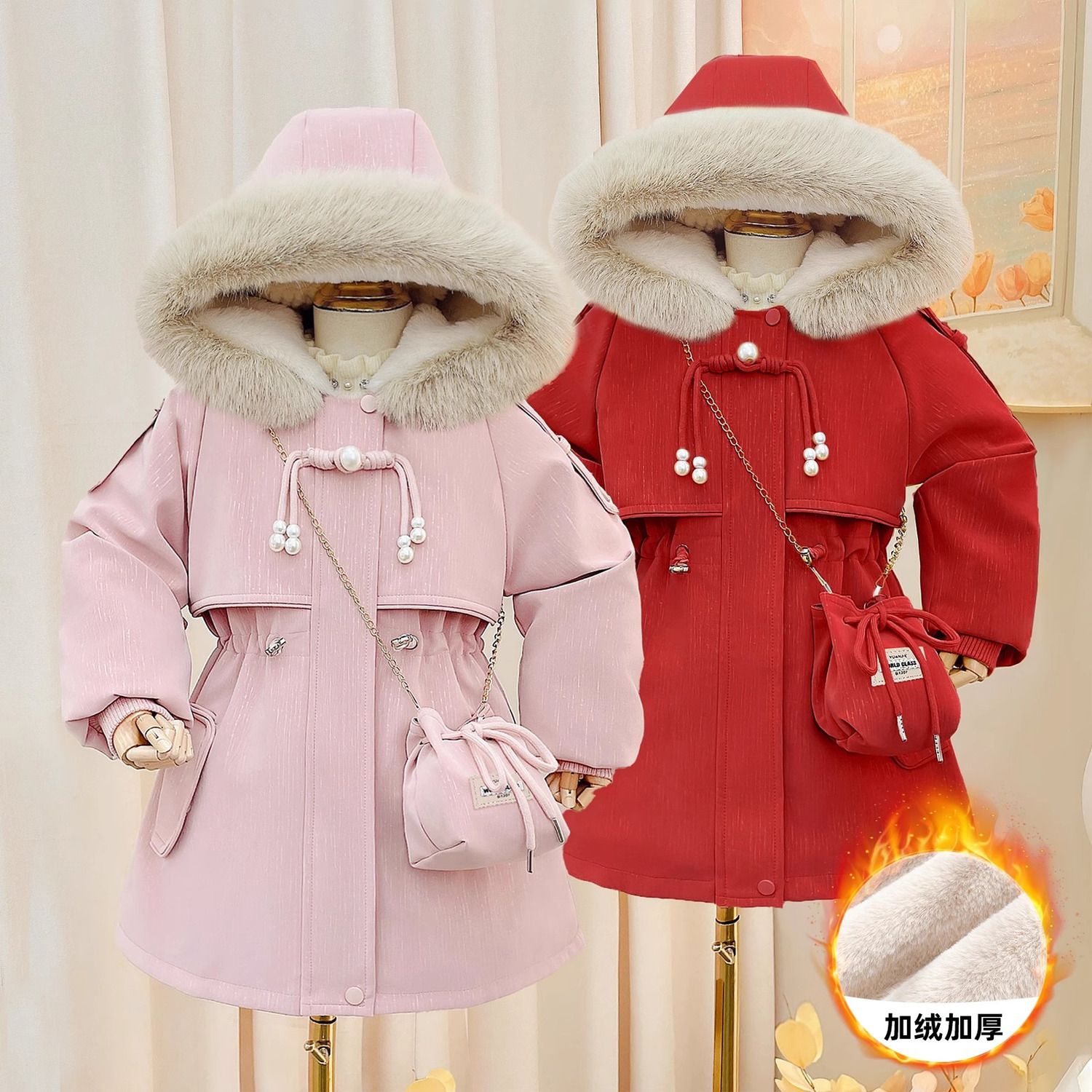 女童外套2023新款冬裝兒童加絨加厚皮毛一體派克服秋冬款棉服童裝