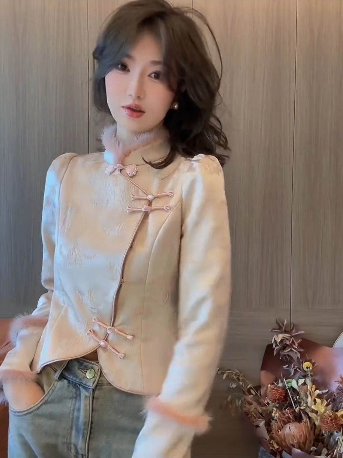 新中式国风盘扣不对称长袖衬衣女冬季复古甜美拼接毛边设计感上衣