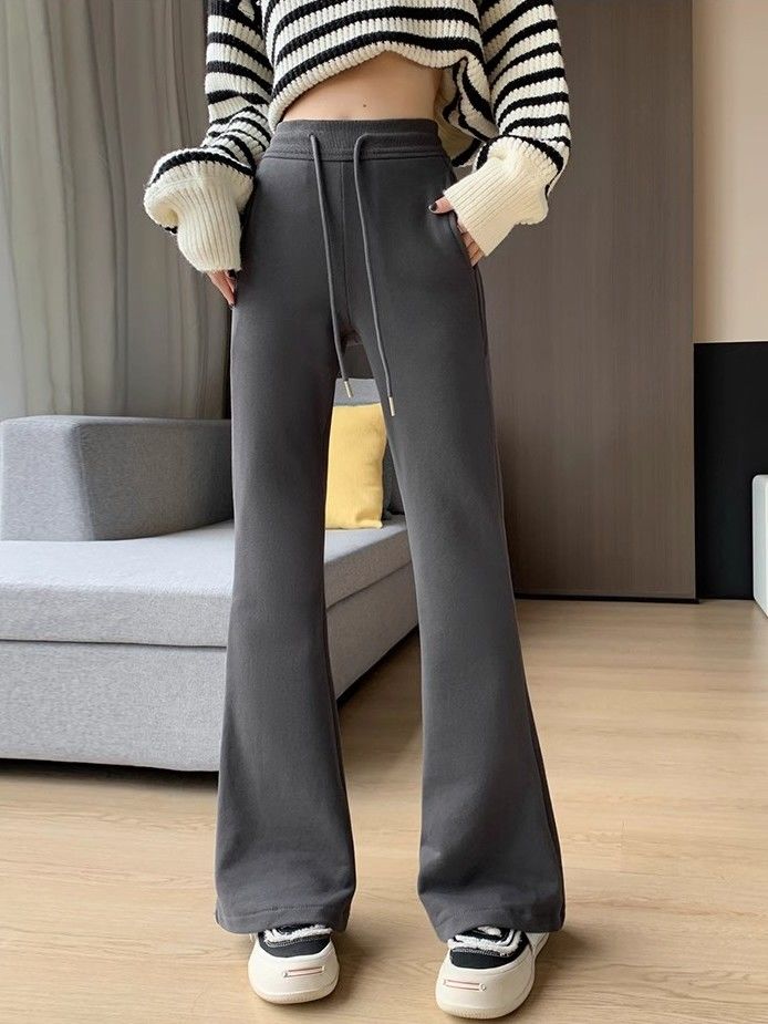 喇叭裤女秋冬季新款高腰拖地感显瘦小个子加绒加厚休闲直筒微喇裤