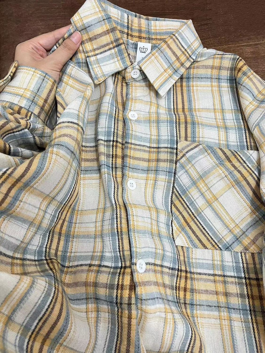 美式復古藍黃色格子襯衫女內搭疊穿春秋新款氣質休閒百搭襯衣外穿