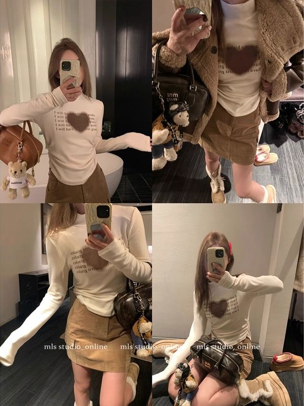 愛心字母圖案半高領長袖T恤女春秋冬新款百搭顯瘦時尚打底衫上衣