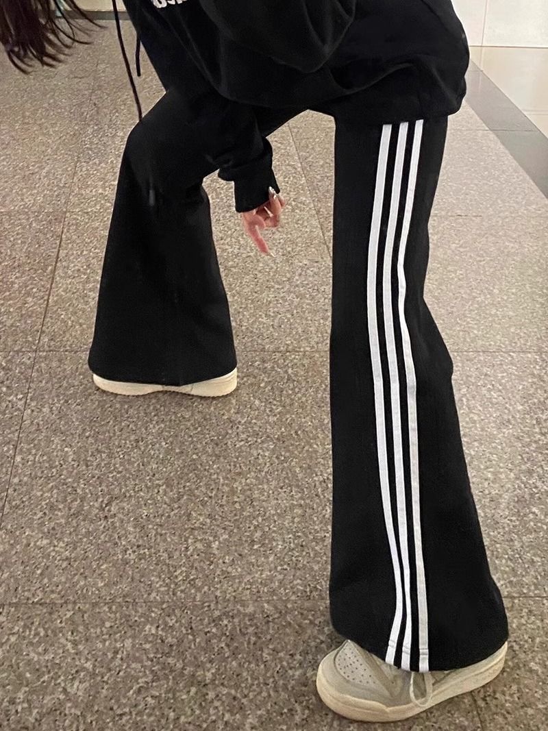 美式高街撞色拼接三條槓休閒褲女秋冬微喇顯瘦氣質百搭拖地長褲潮