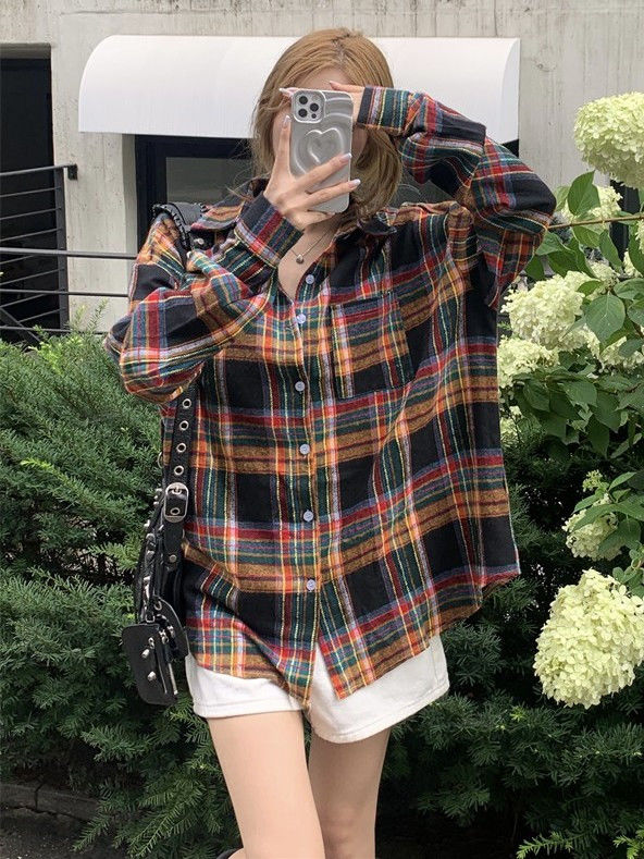 秋冬季復古長袖格子襯衫女外穿寬鬆大碼外套疊穿上衣磨毛格紋襯衣