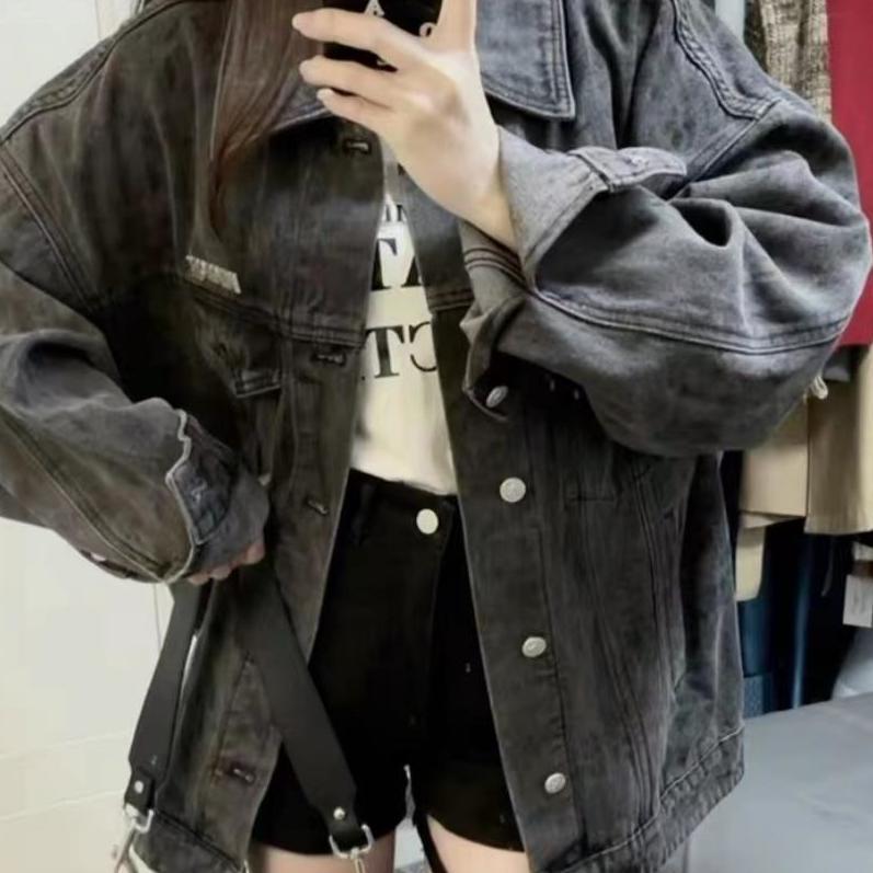國潮牌時尚復古黑灰牛仔外套女春秋新款寬鬆港風BF炸街棒球服夾克