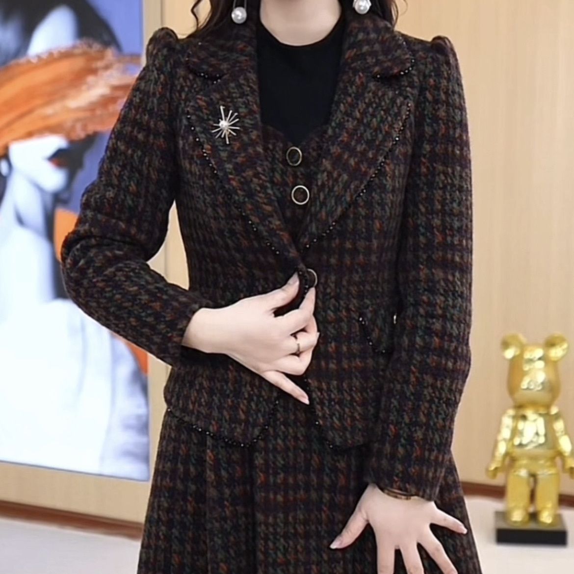 小香風加厚貴妃絨套裝兩件套秋冬連衣裙2023新款女裝氣質高檔外套