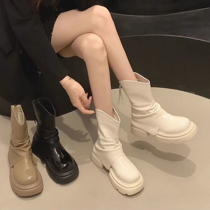 法式厚底粗跟短筒靴女士2023年秋冬季時尚洋氣增高小個子瘦瘦靴潮