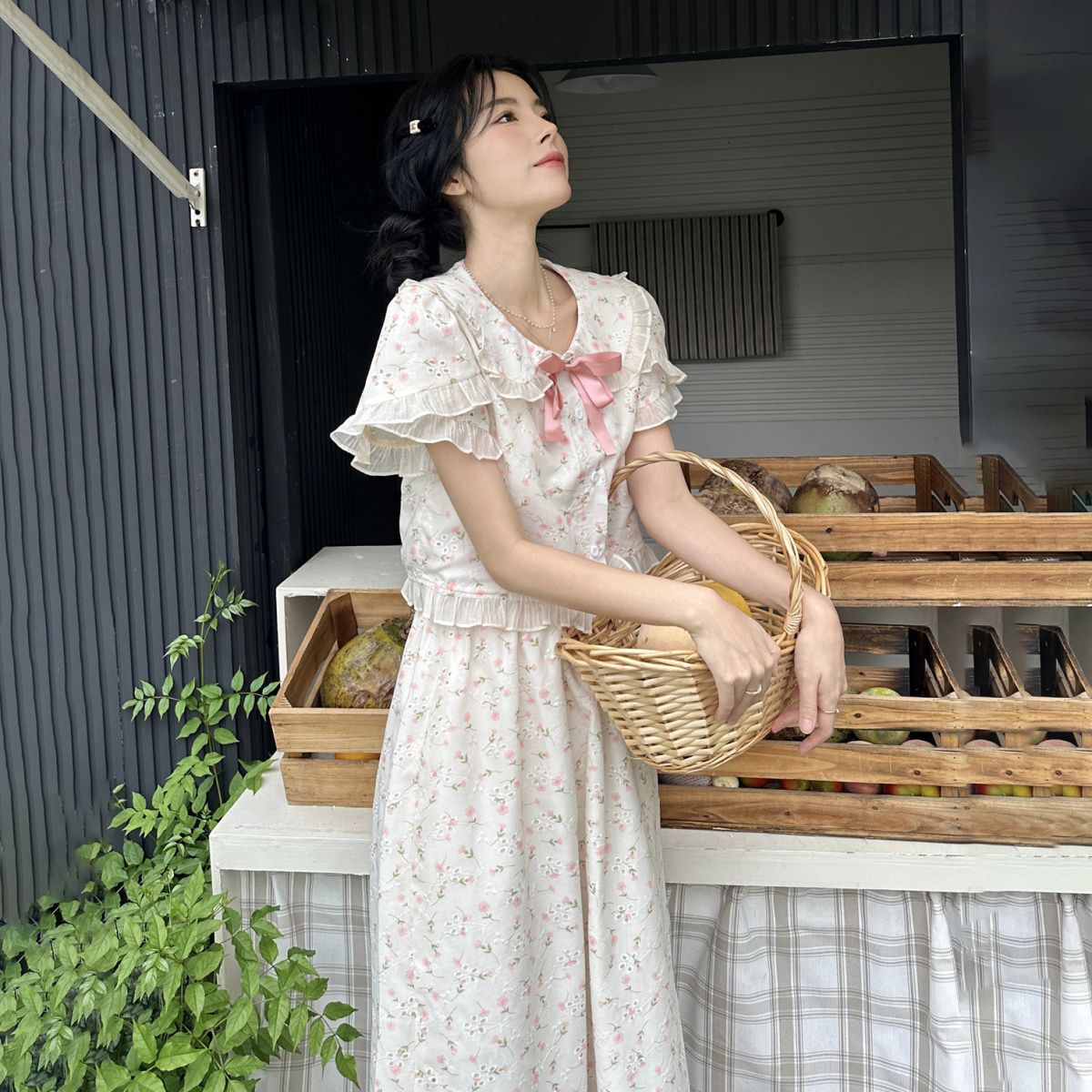 二点セット 夏の日本の弓花の短袖シャツのトップスカート2ピーススーツ