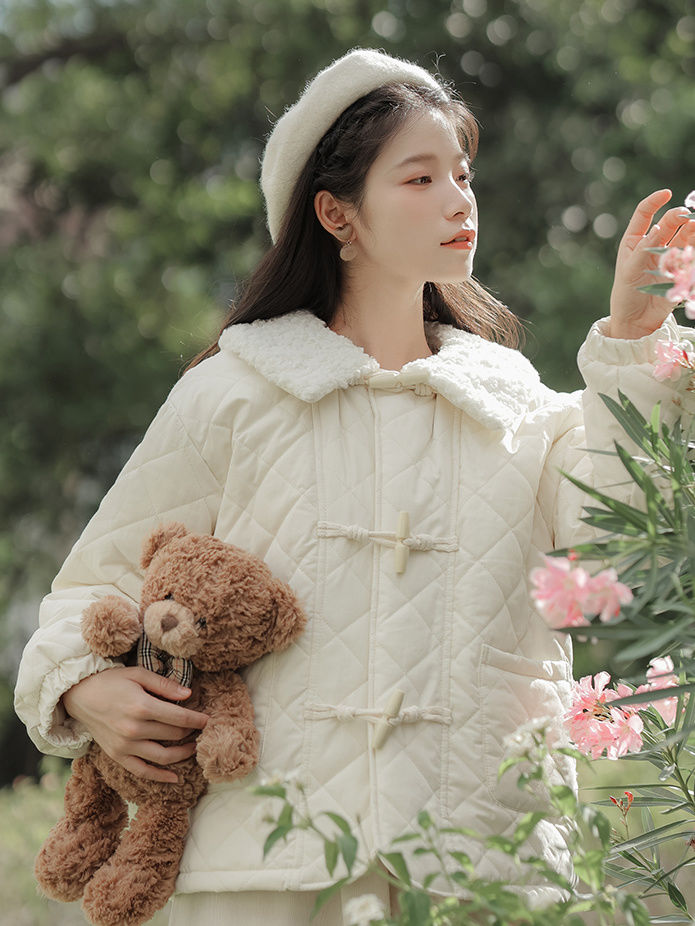Literary Maillard Lamb Wool Doll Collar Spliced ​​Down Jacket Versatile Winter Small Warm Cotton Jacket for Women
