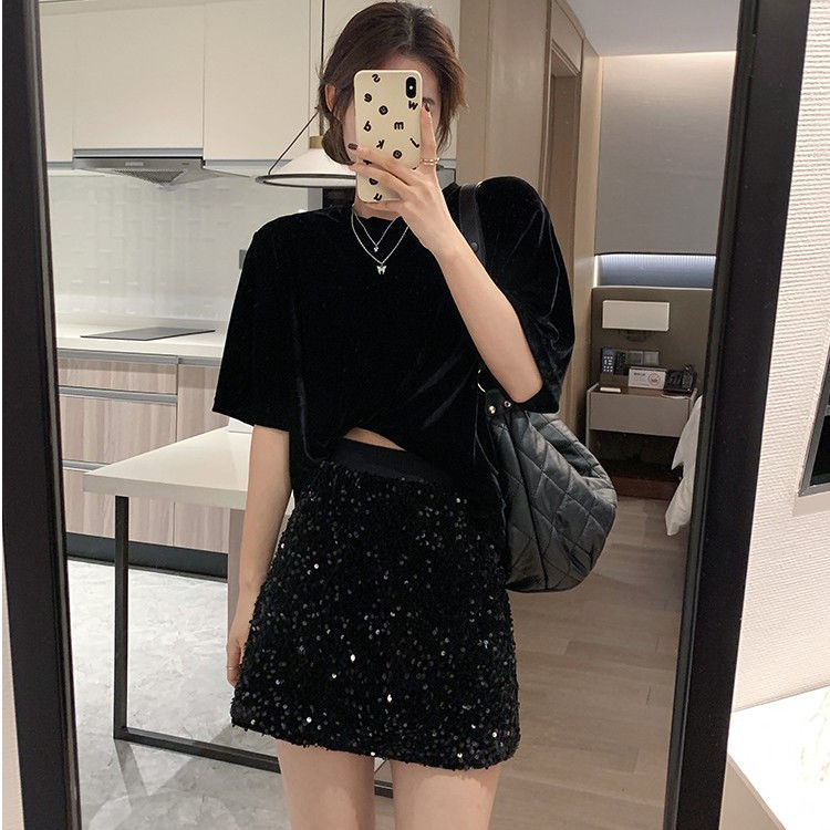 Velvet sequin skirt women's autumn and winter 2023 new black skirt shiny long skirt large size shiny diamond skirt