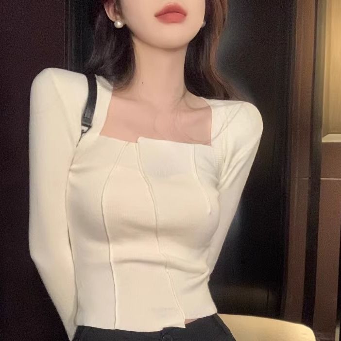 2023新款白色德絨針織打底衫女秋冬內搭辣妹短款上衣方領百搭t恤