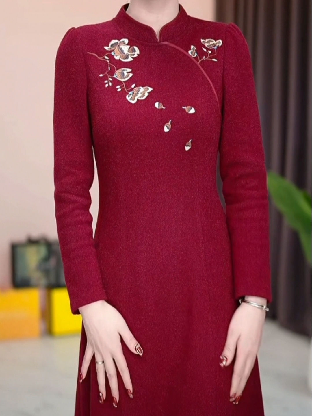 磨毛改良旗袍連衣裙女秋冬2023新款洋氣媽媽婆婆婚宴高檔禮服裙子