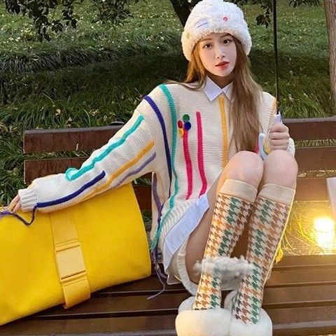 時尚設計感彩色流蘇長袖針織毛衣女秋冬寬鬆甜酷獨特别致漂亮上衣