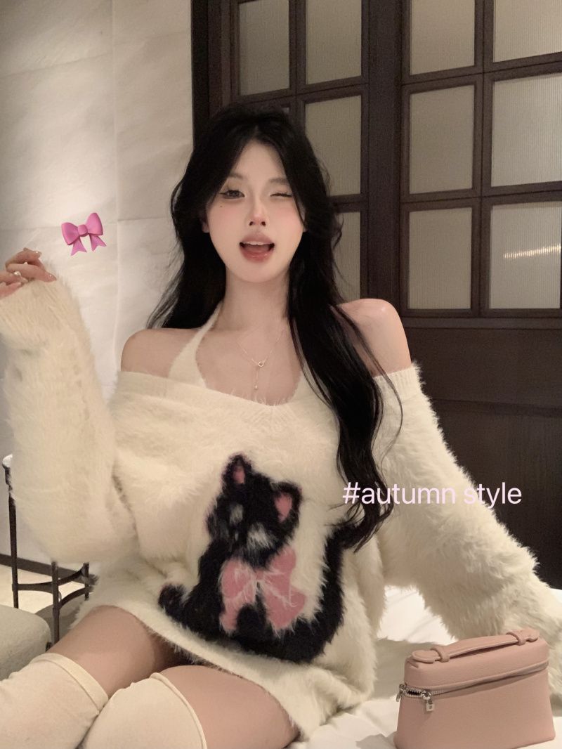 kumikumi甜美風可愛貓咪印花露肩毛衣女秋季仿貂毛針織衫軟糯上衣