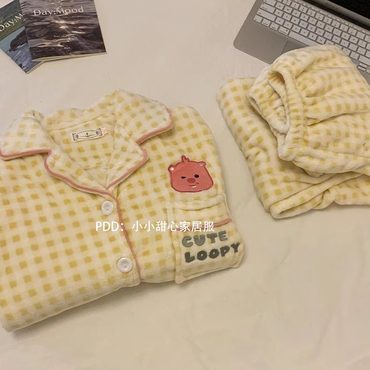 韓國ins風小海狸睡衣女珊瑚絨冬季加絨加厚可愛法蘭絨冬天家居服