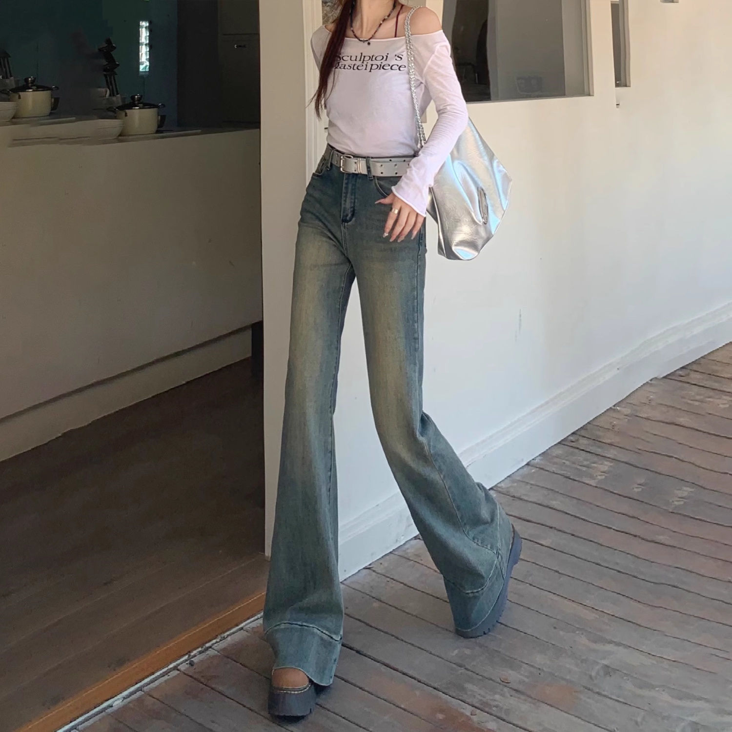 復古辣妹微喇叭牛仔褲女2023秋冬新款高腰彈力顯瘦小個子馬蹄長褲