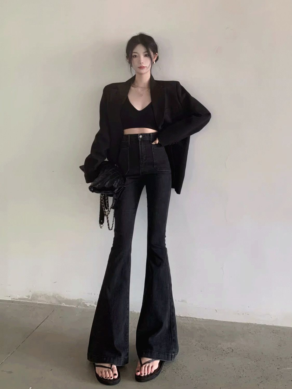 黑色微喇叭褲牛仔褲女秋冬小個子顯瘦小眾設計感大喇叭褲高街ins