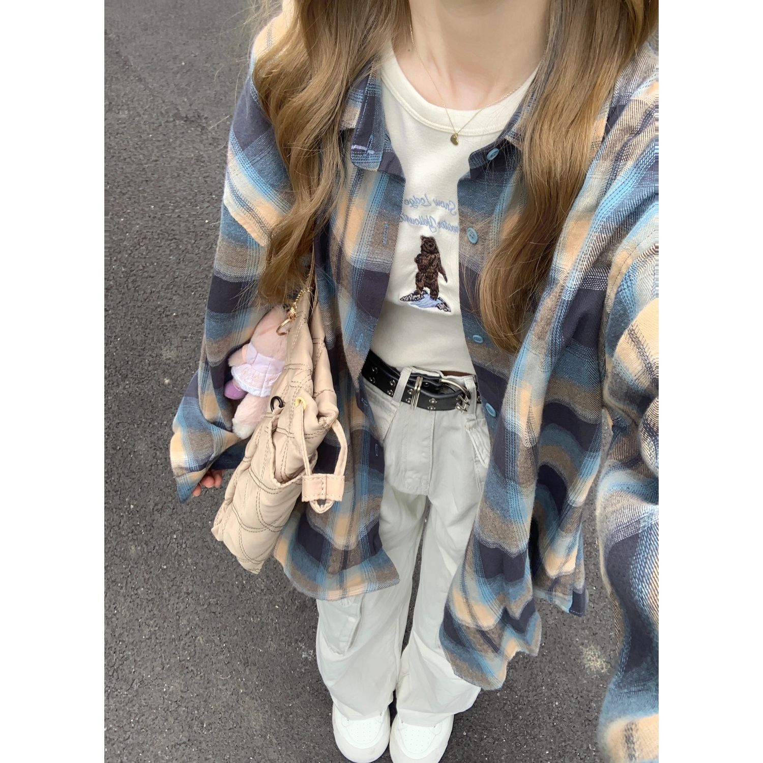 韓版復古格子襯衫女秋季百搭長袖Polo領襯衣寬鬆休閒中長款上衣潮