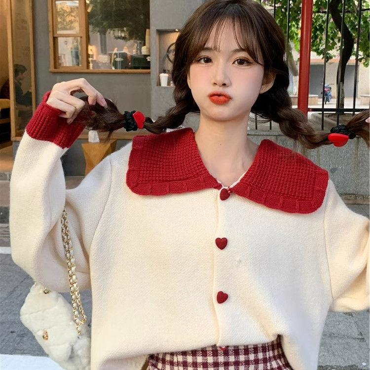 This year's popular and beautiful design contrasting color doll collar sweater autumn and winter tops women's new long-sleeved cardigan trend