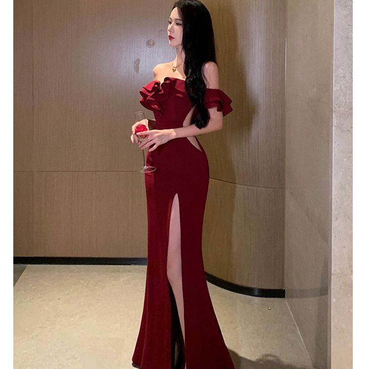 Hotel banquet pure desire high slit dress nightclub temperament one-shoulder tube top dress hip-covering evening dress