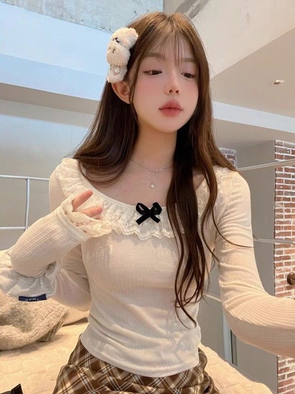 蝴蝶結蕾絲花邊領長袖打底衫女秋冬修身白色內搭t恤高腰短款上衣
