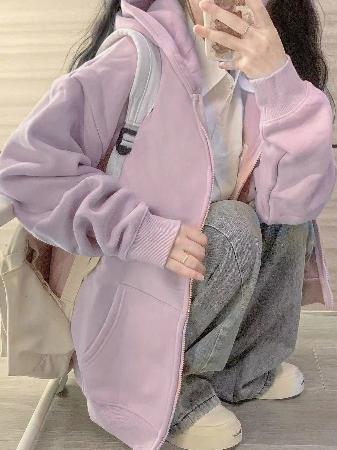 2023秋冬款淡紫色連帽衛衣女加絨加厚韓系慵懶風小個子外套開衫潮