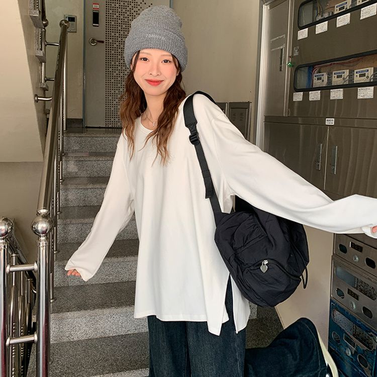 白色內搭純棉開叉長袖t恤女潮春季新款百搭打底衫中長款上衣ins