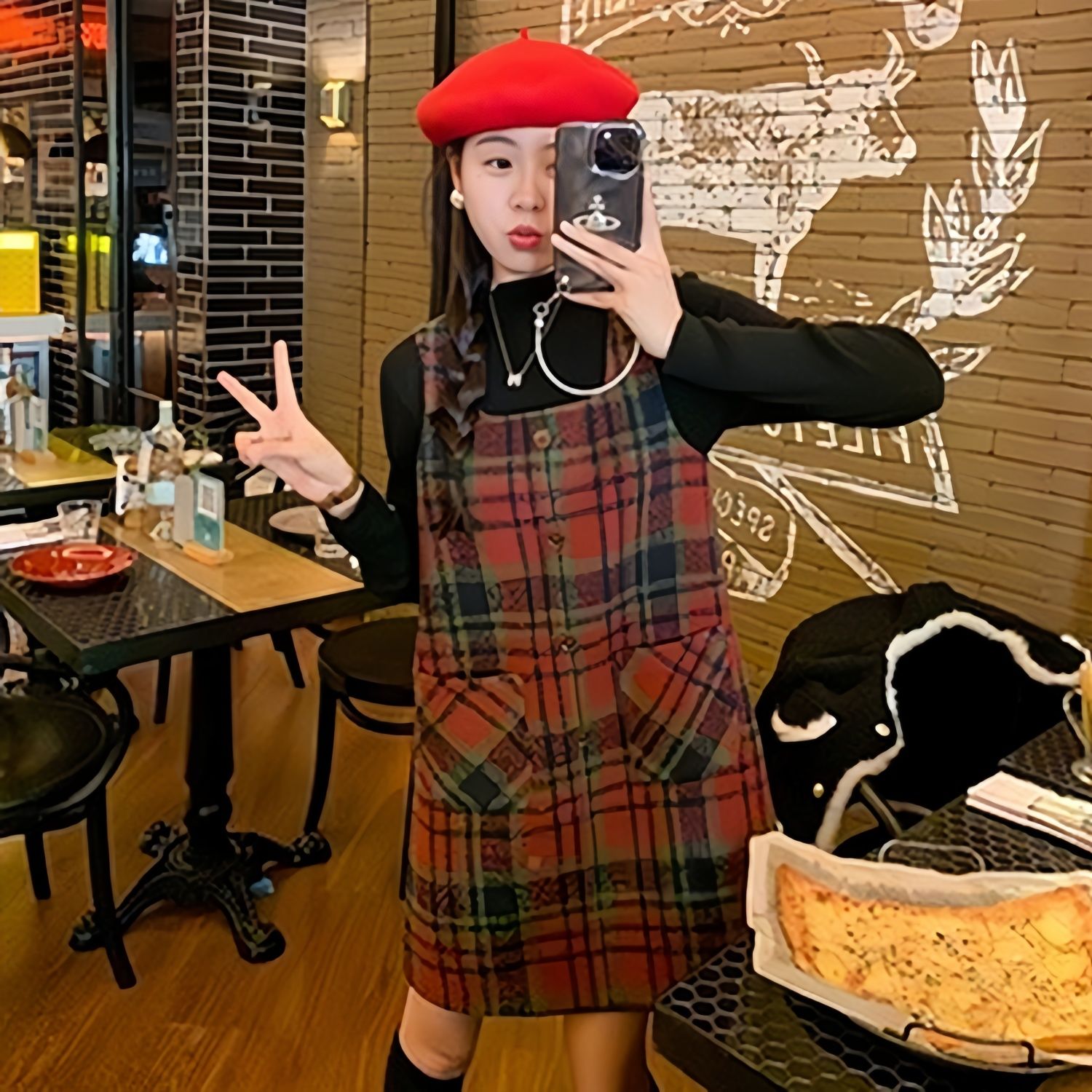 Christmas red plaid dress with bottoming shirt two-piece suit for women 2023 autumn and winter petite vest short skirt