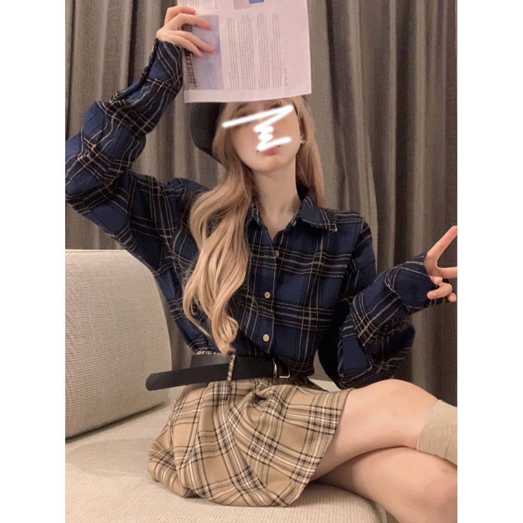 慵懶藍色格紋長袖襯衫上衣美式復古ins秋冬新款寬鬆襯衣設計外套