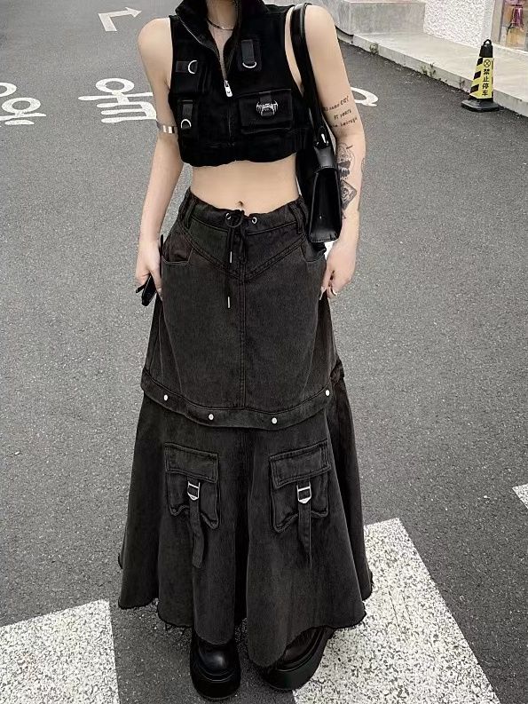 高街辣妹重工可拆卸兩面穿工裝口袋牛仔半身裙女秋冬低腰顯瘦長裙