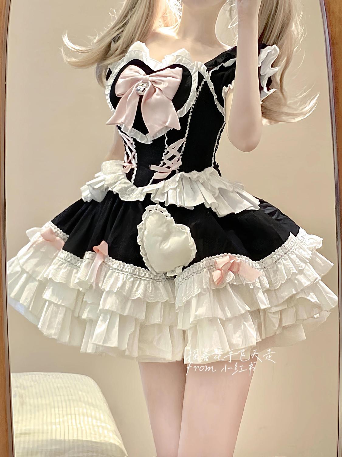 可愛い半袖リボンドレス ロリータ 和風 ウエスト痩せ 年齢軽減 ふくらみ プリンセスドレス スイート