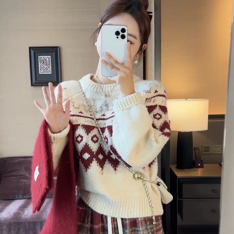 菱形慵懶風套頭圓領毛衣女秋冬2024新款寬鬆加厚撞色穿搭針織上衣
