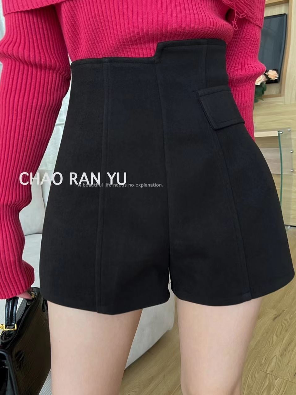 Black woolen shorts for women in autumn and winter high-waisted loose wide-leg pants casual slim versatile small A-line pants
