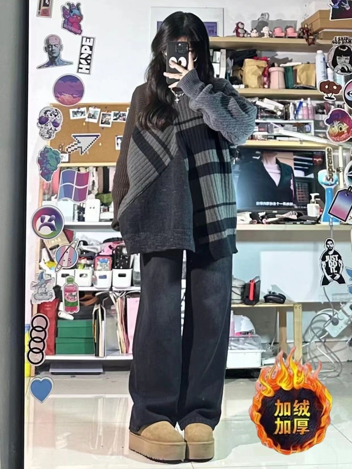 復古黑灰色加絨闊腿牛仔褲女秋冬新款小個子高腰寬鬆顯瘦直筒長褲