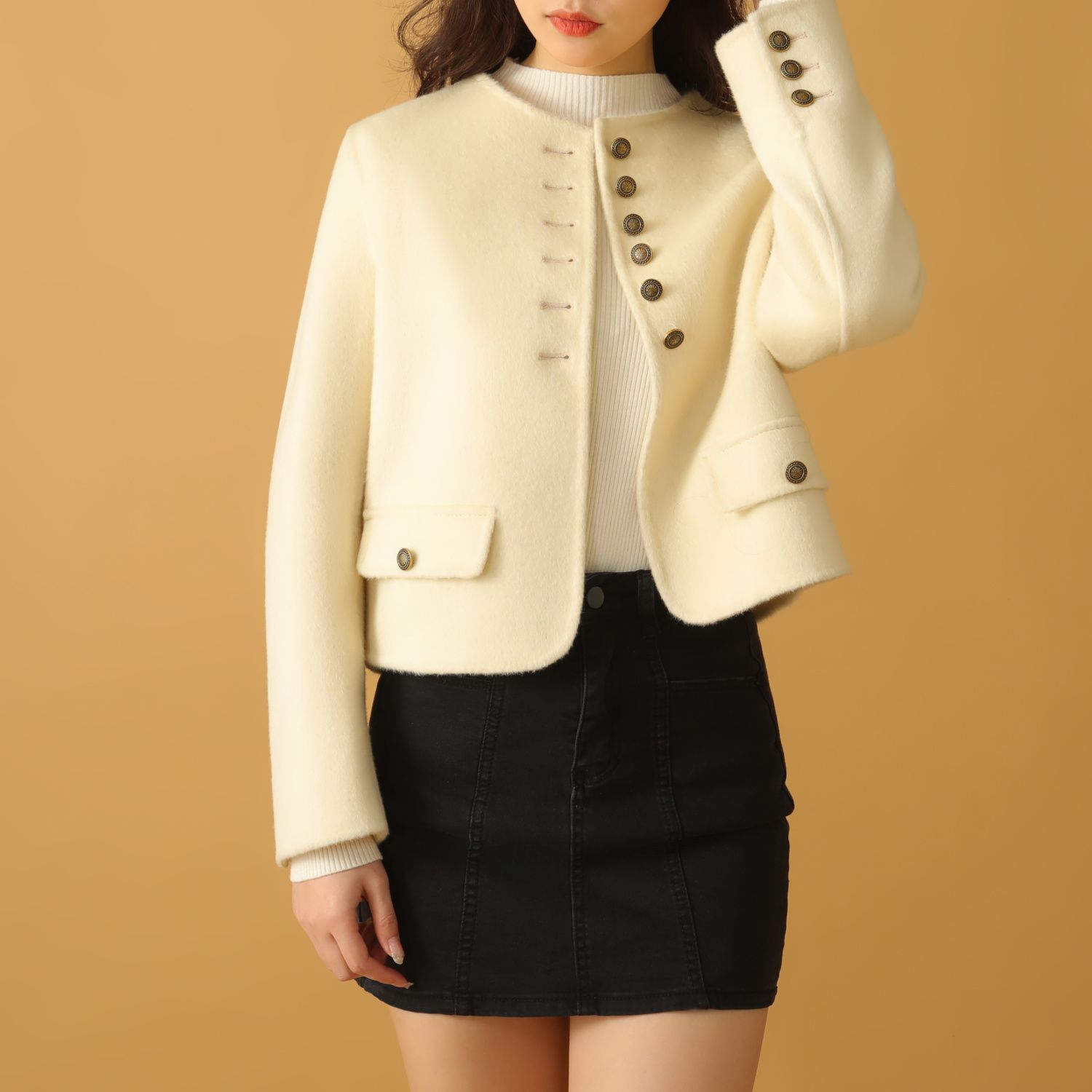 【100%羊毛】春季新款圆领小香风小个子2024双面羊毛短款外套