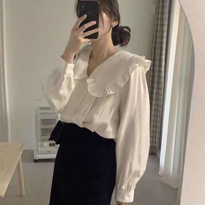 CONGRAZIO娃娃領襯衫女設計感百搭荷葉邊白色襯衣上衣2023年新款
