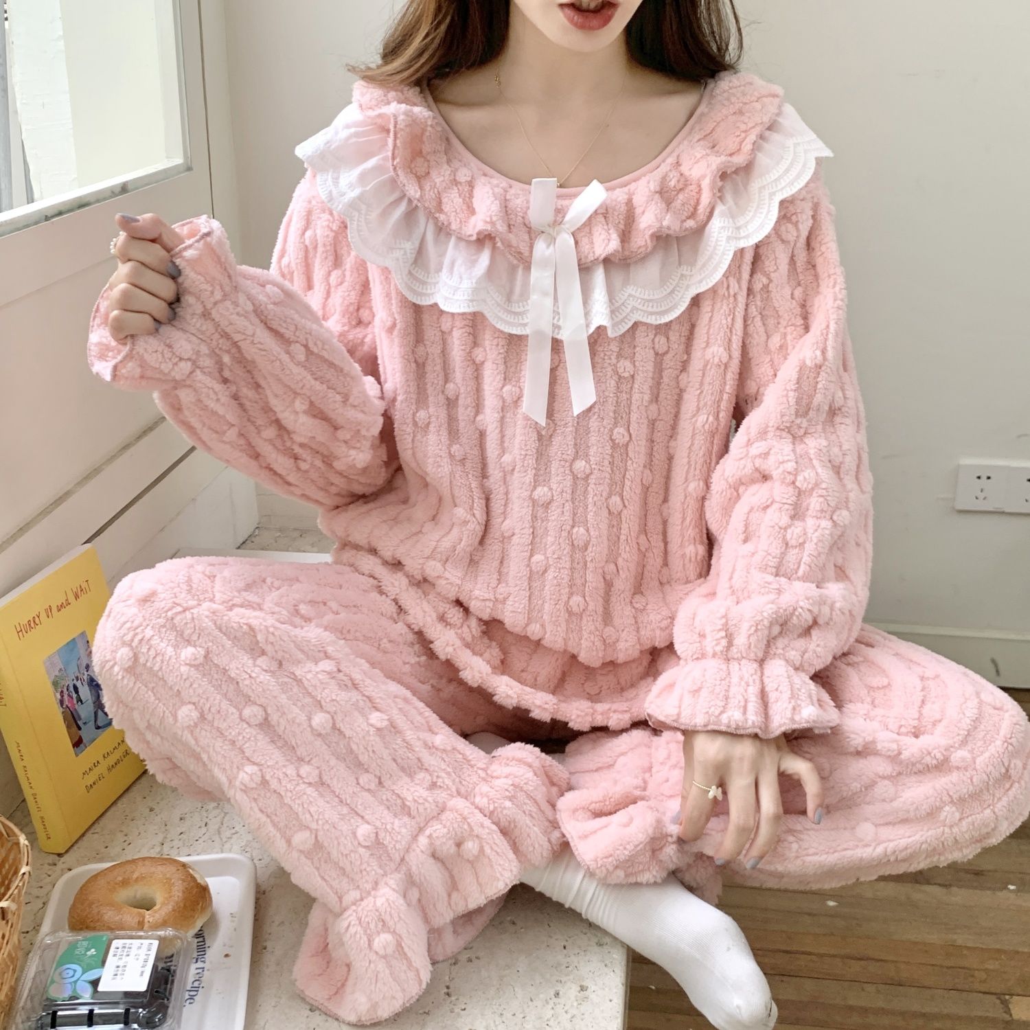 珊瑚絨粉色睡衣女套裝秋冬季加厚加絨甜美公主風花邊家居服可外穿